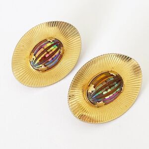 Vintage Sarah Coventry iridescent glass gold large clip back earrings